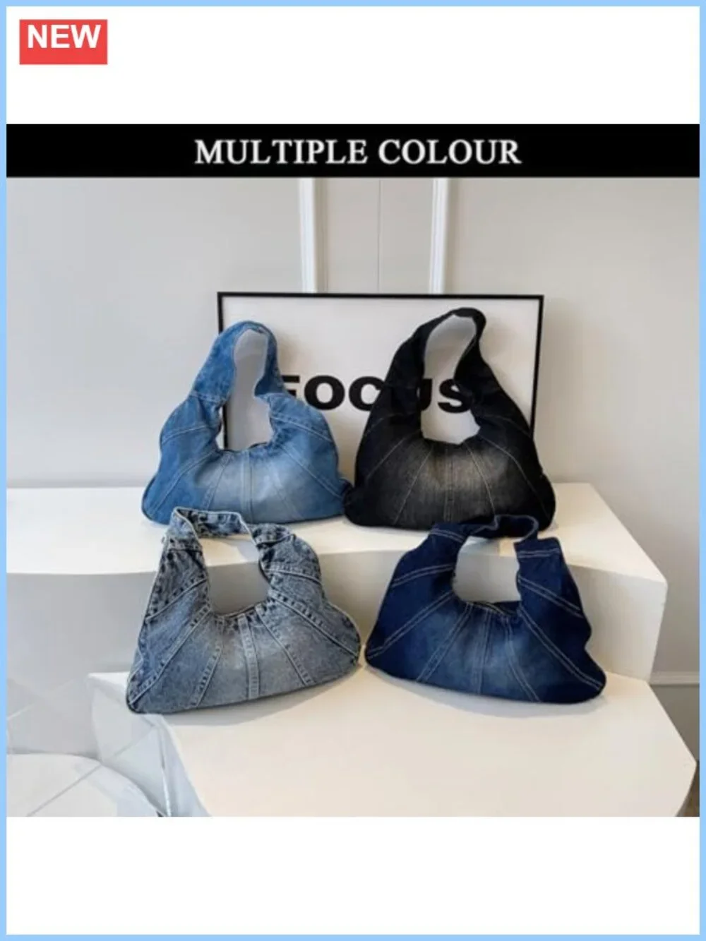 Denim Hobo Tote Bag Large Shoulder Purse Zip Closure